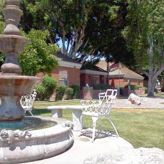 A serene garden setting featuring a decorative fountain and outdoor seating, surrounded by lush greenery.