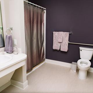 A modern bathroom with a shower, toilet, and sink area.
