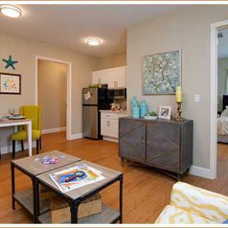 A modern apartment living area with a small kitchen, stylish furniture, and contemporary decor.
