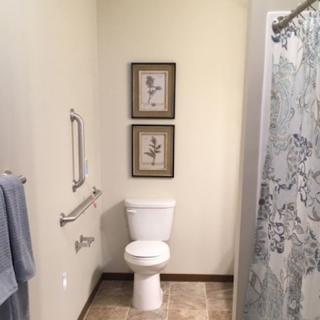 A bathroom featuring a toilet, shower curtain, and framed wall art.