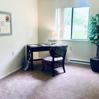 A minimalist study area featuring a desk with a lamp, a chair, and a potted plant by the window.