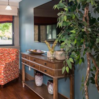 A cozy living space featuring a wooden console table, decorative items, a vibrant chair, and lush greenery.