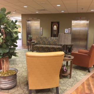 A cozy lobby waiting area with colorful chairs, plants, and elevators in the background.