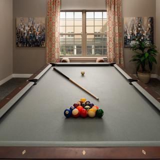 A well-decorated billiard room featuring a pool table with neatly arranged balls and a cue stick, set against a backdrop of large windows and artwork.