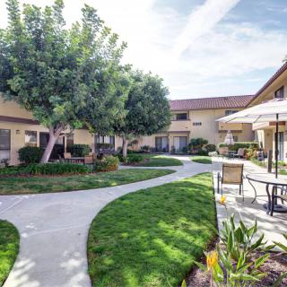 A well-maintained residential courtyard featuring lush greenery, trees, and outdoor seating areas.