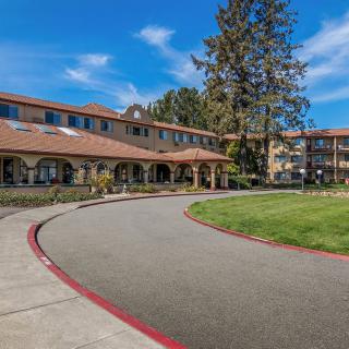 A large building with a driveway and surrounding greenery under a clear blue sky.