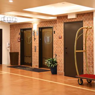 A hotel lobby with elevators and a luggage trolley.