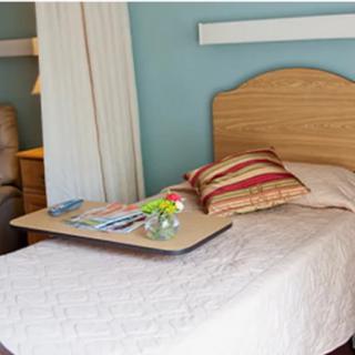 A hospital-style bed with a tray table and flowers.