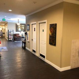 A well-lit hallway featuring two white doors and artwork on the walls.