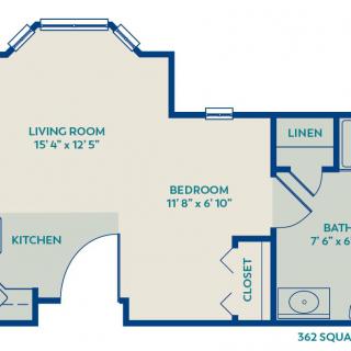 A floor plan depicting the layout of a one-bedroom apartment with labeled spaces including a living room, kitchen, bedroom, bathroom, and closet.
