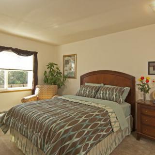 A cozy bedroom with a patterned bedspread, wooden furniture, and natural light coming through the window.