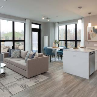 A modern, open-concept living room and kitchen area with ample natural light.