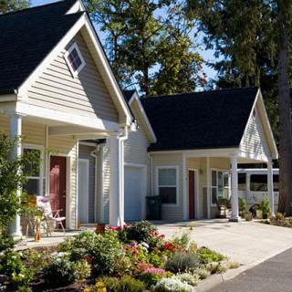 Charming suburban cottages with landscaped gardens and trees.