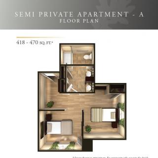 A floor plan of a semi-private apartment showing two rooms, each with a bed, and shared facilities.