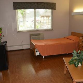 A tidy, simple bedroom featuring a single bed with an orange cover, wooden flooring, and decorative indoor plants.