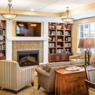 A cozy living room with a fireplace, bookshelves, and comfortable seating.