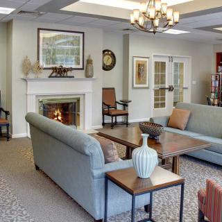A cozy living room with comfortable sofas, a central fireplace, and elegant decor.