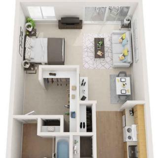 A 3D floor plan of a modern one-bedroom apartment with an open living area, kitchen, and bathroom.