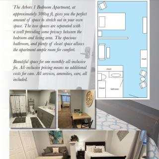 A stylish one-bedroom apartment layout featuring modern furnishings and amenities.