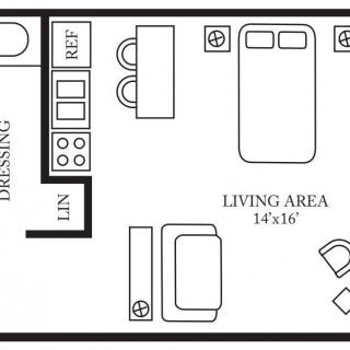 A floor plan of a studio apartment featuring a living area, kitchenette, and bathroom.