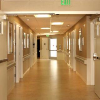 A quiet hospital corridor with closed doors on either side.