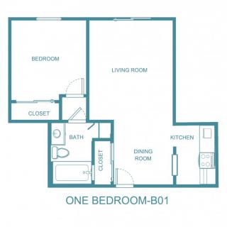 Floor plan of a one-bedroom apartment, labeled as B01.