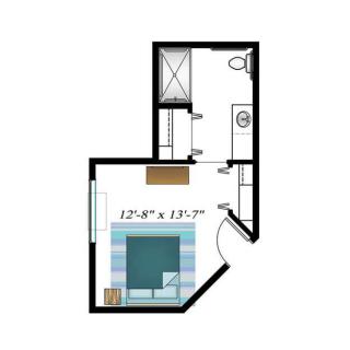 A compact floor plan featuring a bedroom and an attached bathroom.
