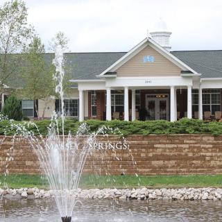 A scenic view of a building with a fountain in the foreground and lush greenery.