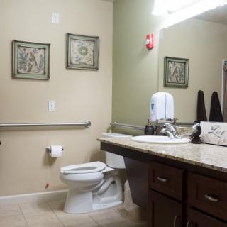 A well-lit bathroom with a toilet, sink, and wall-mounted decor.