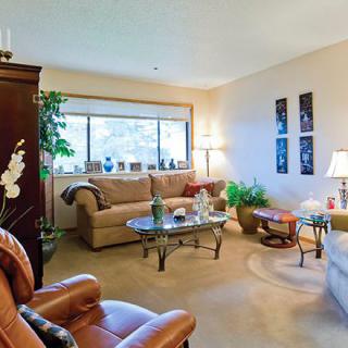 A cozy living room with comfortable seating and warm lighting.