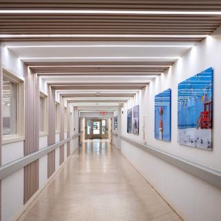 A modern hallway adorned with colorful artwork, featuring sleek lighting and a minimalist design.