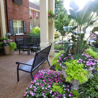 A serene outdoor space featuring a bench surrounded by vibrant flowers and lush greenery.
