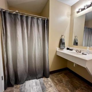 A modern bathroom with a shower curtain and a well-lit vanity area.