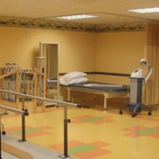 A rehabilitation center equipped with a therapy bed, exercise equipment, and parallel bars for physical therapy sessions.