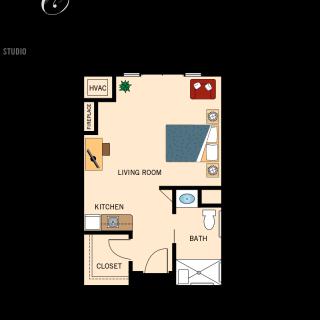 Studio apartment floor plan with living area, kitchen, and bathroom.