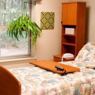 A cozy bedroom with a floral bedspread, a wooden shelf and desk, and a green plant by the window.