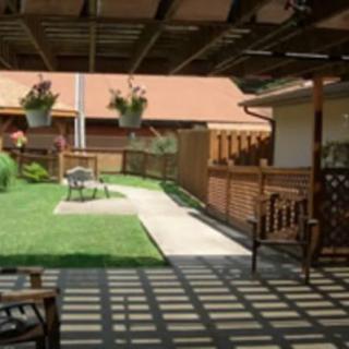 A shaded patio overlooking a garden with outdoor furniture and lush green lawn.