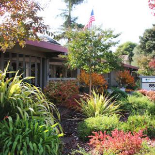 A beautifully landscaped garden showcasing vibrant autumn colors and a welcoming entrance.