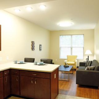 A modern and minimalist apartment interior featuring a kitchen and living room with stylish furniture.