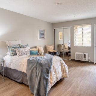 A modern and cozy bedroom with stylish decor, featuring a comfortable bed, decorative pillows, and large windows that allow natural light to fill the space.