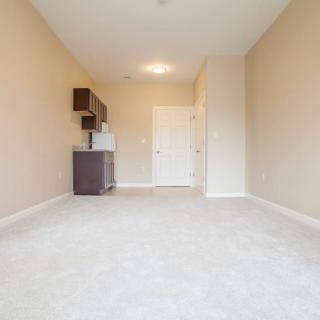 A minimalist, unfurnished apartment with a kitchenette and carpeted flooring.
