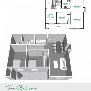 A two-bedroom apartment floor plan featuring both a 2D layout and a 3D model.