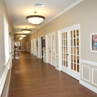 A bright and spacious hallway with wooden flooring and multiple glass doors.