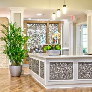 A modern reception area featuring a decorative desk with ornamental panels, potted plants, and elegant lighting.