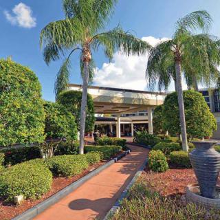 A garden pathway leading to a building surrounded by palm trees and lush landscaping under a clear sky.