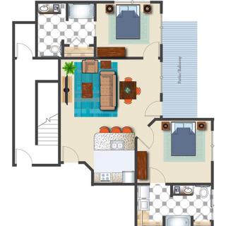 This image depicts a floor plan of an apartment, showcasing the arrangement of rooms including bedrooms, bathrooms, and living spaces.