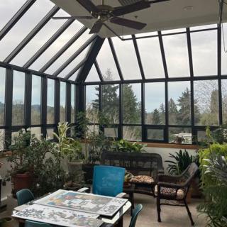 A bright and cozy sunroom filled with lush indoor plants, featuring large windows and comfortable seating.