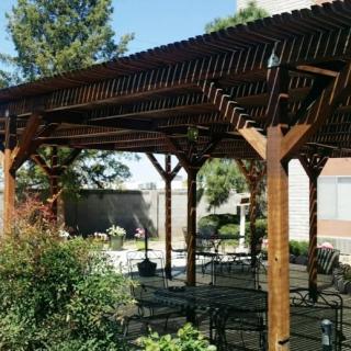 A wooden pergola providing shade over a patio area in a landscaped garden.