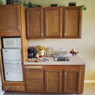 A compact kitchen setup with wooden cabinets, a countertop, and small appliances.
