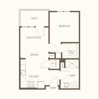 One-bedroom apartment floor plan layout with designated kitchen, living room, and bathroom areas.